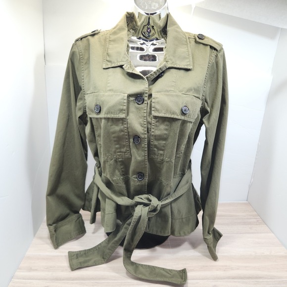 J. Crew Jackets & Blazers - J CREW M Jacket Cropped Fatigue Army Olive‎ Flared Waist W/Tie A Line Cotton
